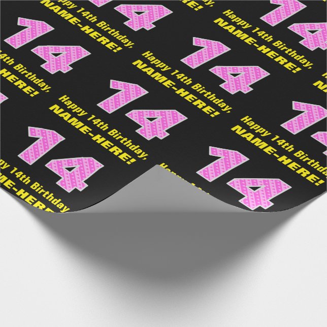 14th Birthday: Pink Stripes and Hearts "14" + Name Wrapping Paper (Corner)