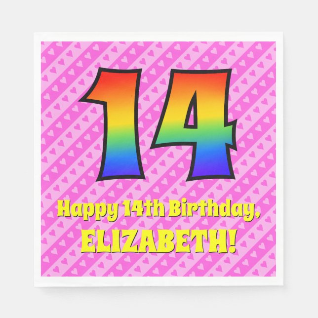 14th Birthday: Pink Stripes & Hearts, Rainbow # 14 Napkin (Front)