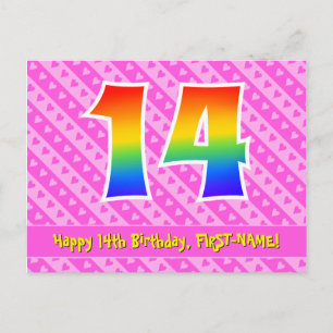 14th Birthday: Pink Stripes & Hearts, Rainbow 14 Postcard