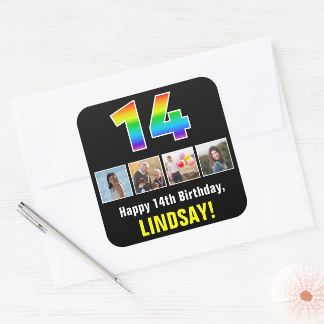 14th Birthday: Rainbow “14”; Custom Photos & Name Square Sticker (Envelope)