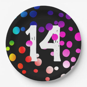 14th Birthday Rainbow Dots on Black  Paper Plate