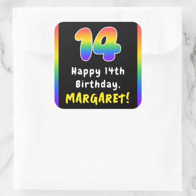 14th Birthday: Rainbow Spectrum # 14, Custom Name Square Sticker (Bag)