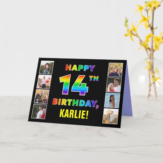 14th Birthday: Rainbow Text, Custom Photos & Name Card (Yellow Flower)