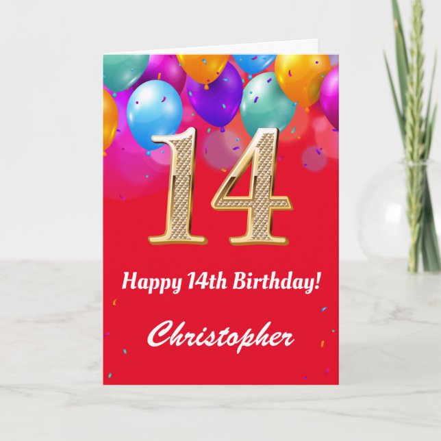 14th Birthday Red and Gold Colourful Balloons Card (Front)