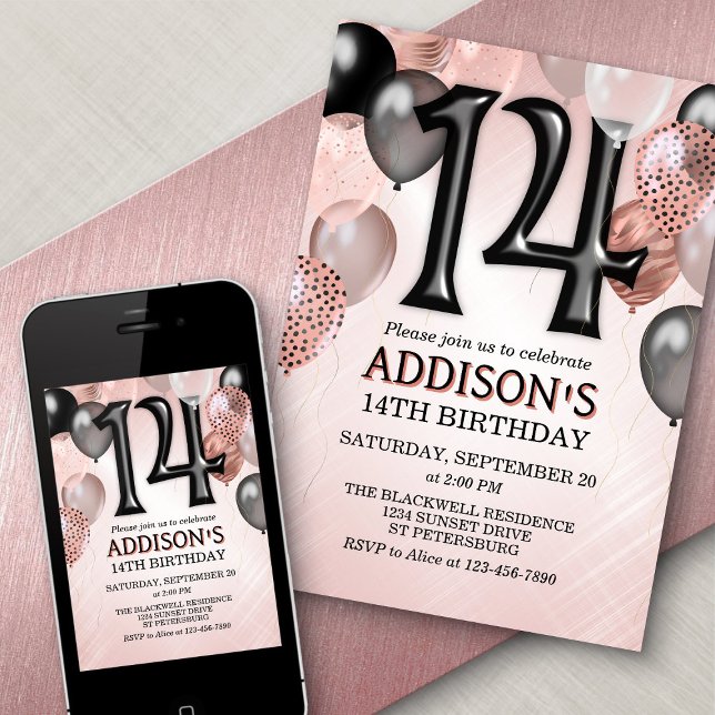 14th Birthday Rose Gold Balloons Invitation (Creator Uploaded)