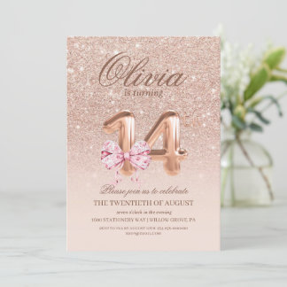 14th Birthday Rose Pink Gold Bow Birthday Party Invitation