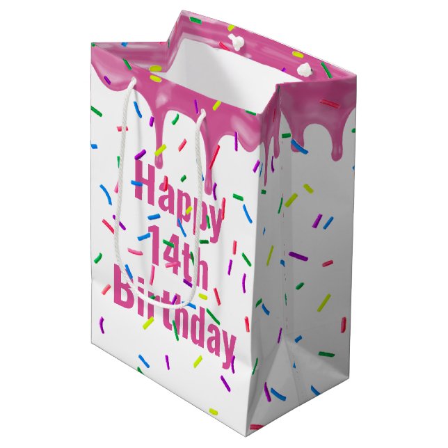 14th Birthday Sprinkles On Pink Icing  Medium Gift Bag (Front Angled)