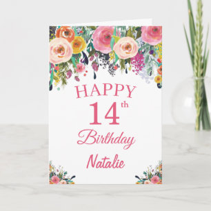 14th Birthday Watercolor Floral Flowers Pink Card