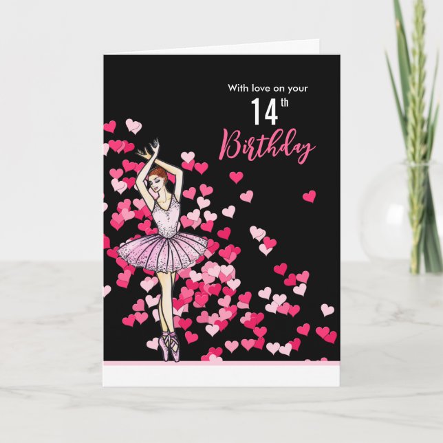 14th Birthday Wishes Ballerina Pink Dress  Card (Front)