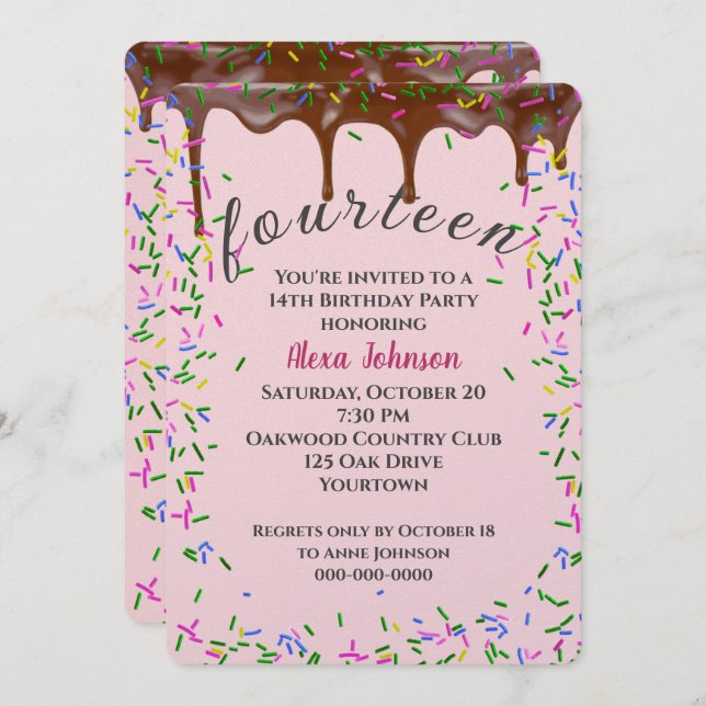14th Birthday With Chocolate Icing And Sprinkles Invitation (Front/Back)