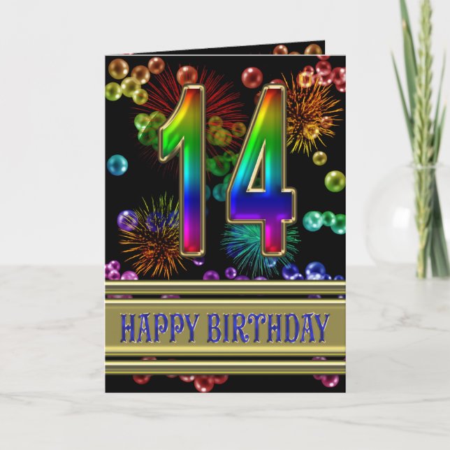 14th Birthday with rainbow bubbles and fireworks Card (Front)