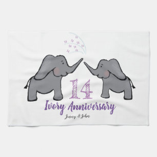 14th ivory wedding anniversary cute elephant tea towel