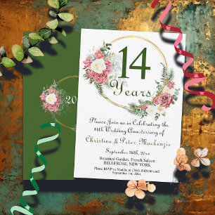 14th Ivory Wedding Anniversary Roses Gold Frame Invitation