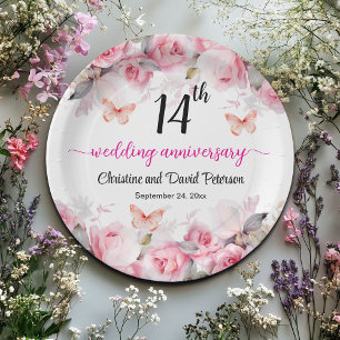 14th Wedding Anniversary Blush Roses Paper Plate