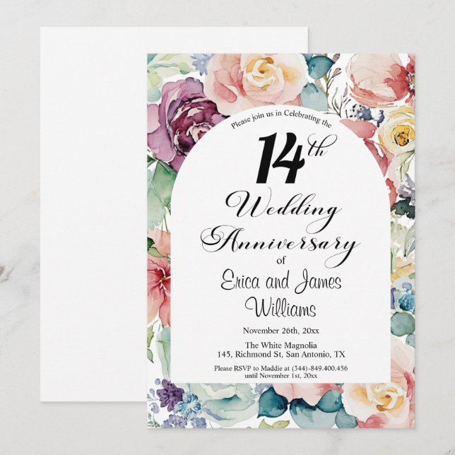 14th Wedding Anniversary Elegant Script Floral Invitation (Front/Back)