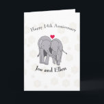 14th Wedding Anniversary, Ivory Anniversary   Card<br><div class="desc">This unusual card has been designed for a couples fourteenth wedding anniversary,  traditionally ivory. It features a background of ivory net with ivory flowers,  two cute cartoon elephants,  and editable text. A lovely card to team with a matching gift for a truly personal present.</div>
