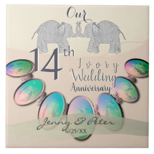 14th Wedding Anniversary Opals & Elephants Ceramic Tile
