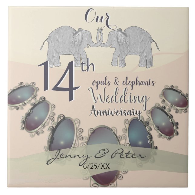 14th Wedding Anniversary Opals & Elephants Ceramic Tile (Front)