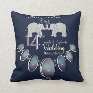 14th Wedding Anniversary Opals & Elephants Navy Cushion