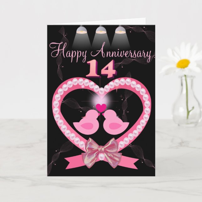 14th Wedding Anniversary Pink Heart Love Birds Card (Small Plant)