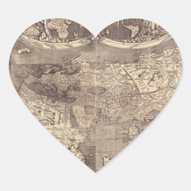 1507 Martin Waldseemuller World Map Heart Sticker (Front)