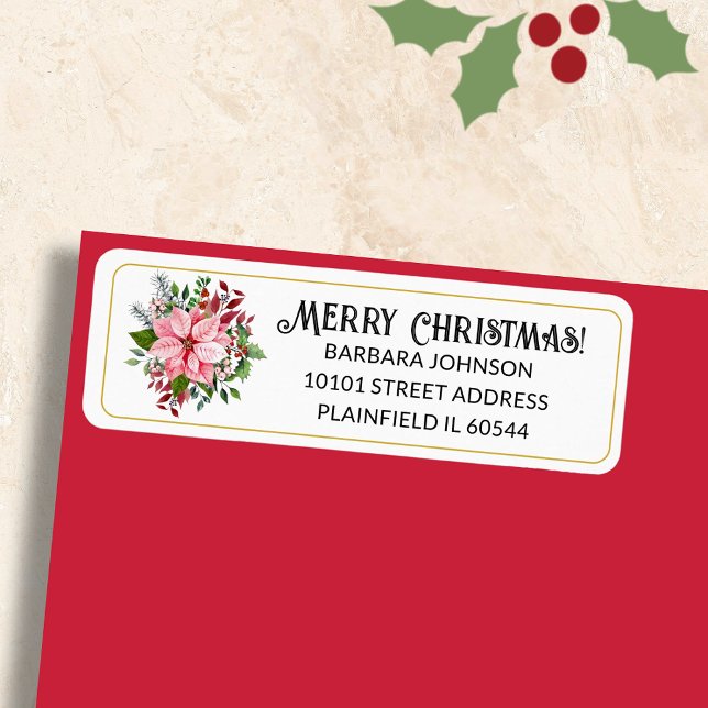 150 Pink Poinsettia Christmas Return Address Label (Creator Uploaded)