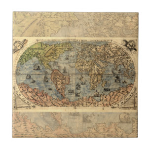 1565 Forlani Antique World Map Vintage Cartography Ceramic Tile