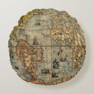 1565 Forlani Antique World Map Vintage Cartography Round Cushion