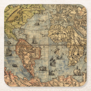 1565 Forlani AntiquevWorld Map Renaissance  Square Paper Coaster