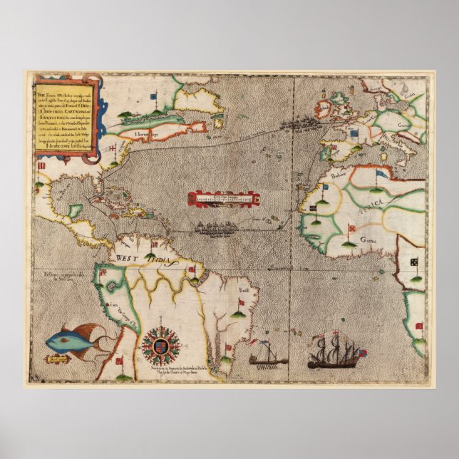 1589 Map Sir Francis Drake's West Indies Voyage Poster (Front)