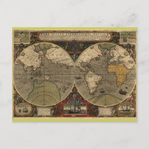 1595 Vintage World Map by Jodocus Hondius Postcard