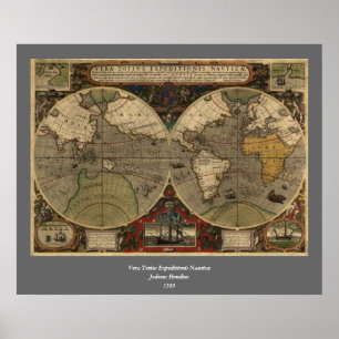 1595 Vintage World Map by Jodocus Hondius Poster