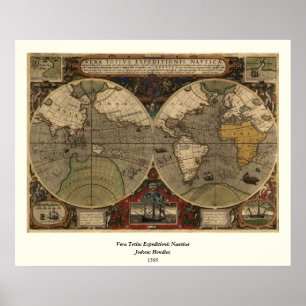 1595 Vintage World Map by Jodocus Hondius Poster