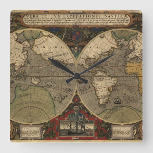 1595 Vintage World Map by Jodocus Hondius Square Wall Clock