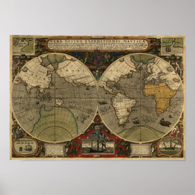 "1595 World Map of Hondius" Historic Map Poster (Front)