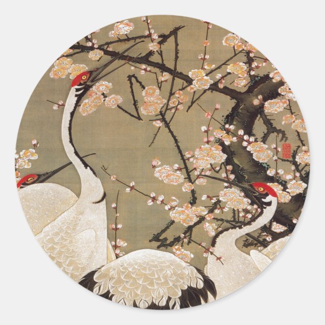15. 梅花群鶴図, 若冲 Plum Blossoms & Cranes, Jakuchū Classic Round Sticker (Front)