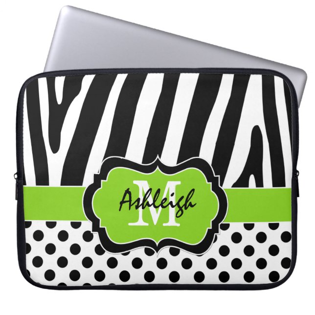 15" Lime Black Zebra Stripes Polka Dot Laptop Case (Front)