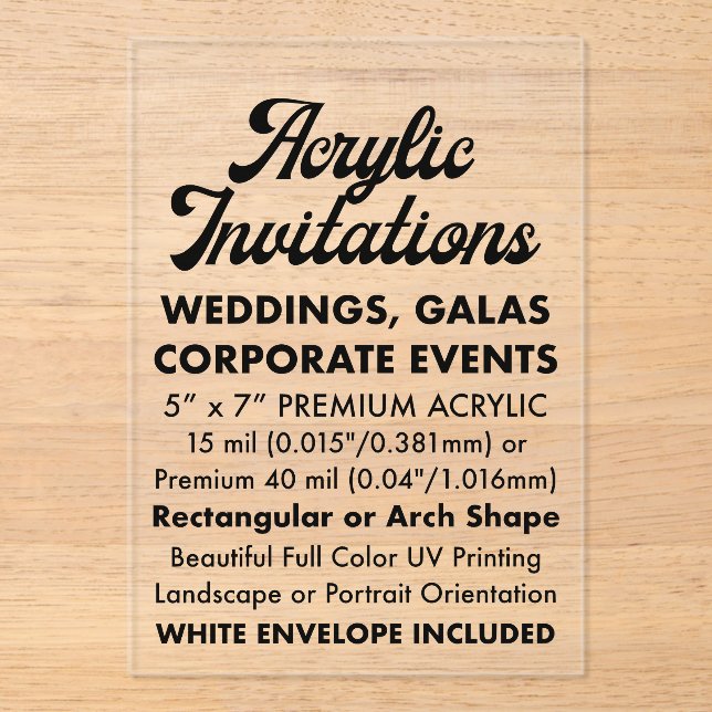 15 Mil Rectangular Clear Acrylic Invitation (Front)