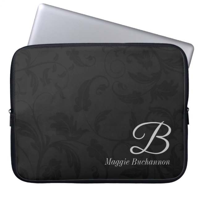 15" Monogrammed Black Damask Laptop Sleeve (Front)