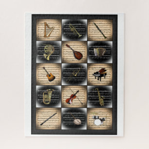 15 Musical Instruments ~ Sheet Music Background Ji Jigsaw Puzzle