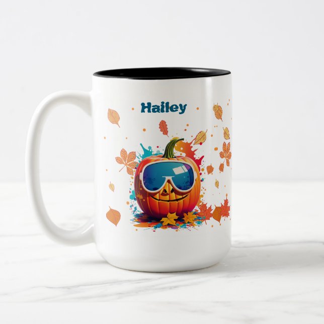 15 oz Fall Coffee Mug, Cool pumpkin with goggles Two-Tone Coffee Mug (Left)