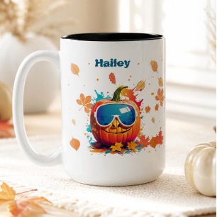 15 oz Fall Coffee Mug, Cool pumpkin with goggles Two-Tone Coffee Mug