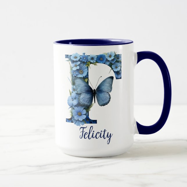 15 oz Floral Blue Monogrammed Coffee Mug (Right)