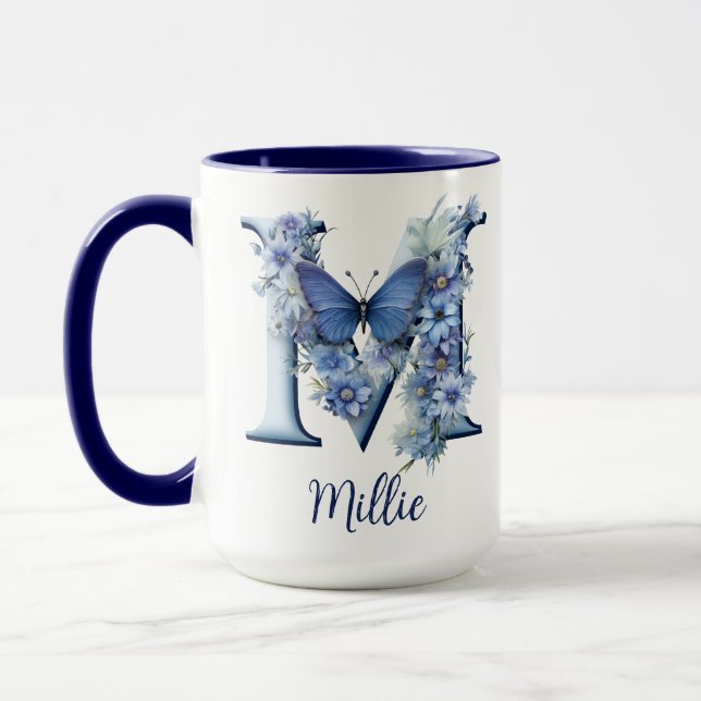 15 oz Floral Blue Monogrammed Coffee Mug (Left)
