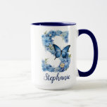 15 oz Floral Blue Monogrammed Coffee Mug<br><div class="desc">A personalised coffee mug in shades of Blue with coordinating butterfly, featuring the letter "A" monogram. Easily customise it with your name or create a unique gift for your loved ones. Enough room to add an additional quote or message or even a background. This mug also come in different styles...</div>