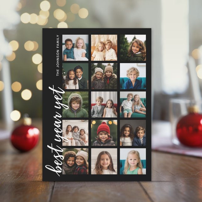 15 Photo Best Year Yet HYN Minimal Black Holiday Card (15 Photos on this modern Christmas Card with a retro black and white stripe pattern on the back)