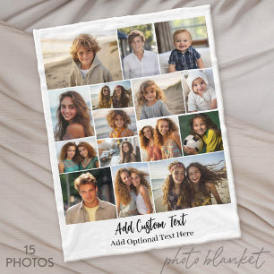 15 Photo Collage - Custom Text - Black and White Fleece Blanket