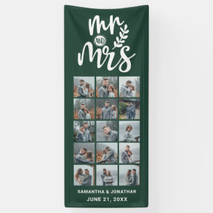 15 Photo Collage Green & White Mr. & Mrs. Wedding Banner