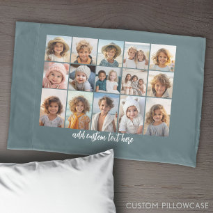 15 Photo Collage Grid - Script Text - blue Pillowcase