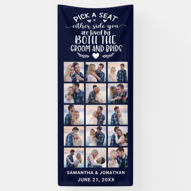15 Photo Collage Navy Blue Welcome To Our Wedding Banner (Vertical)